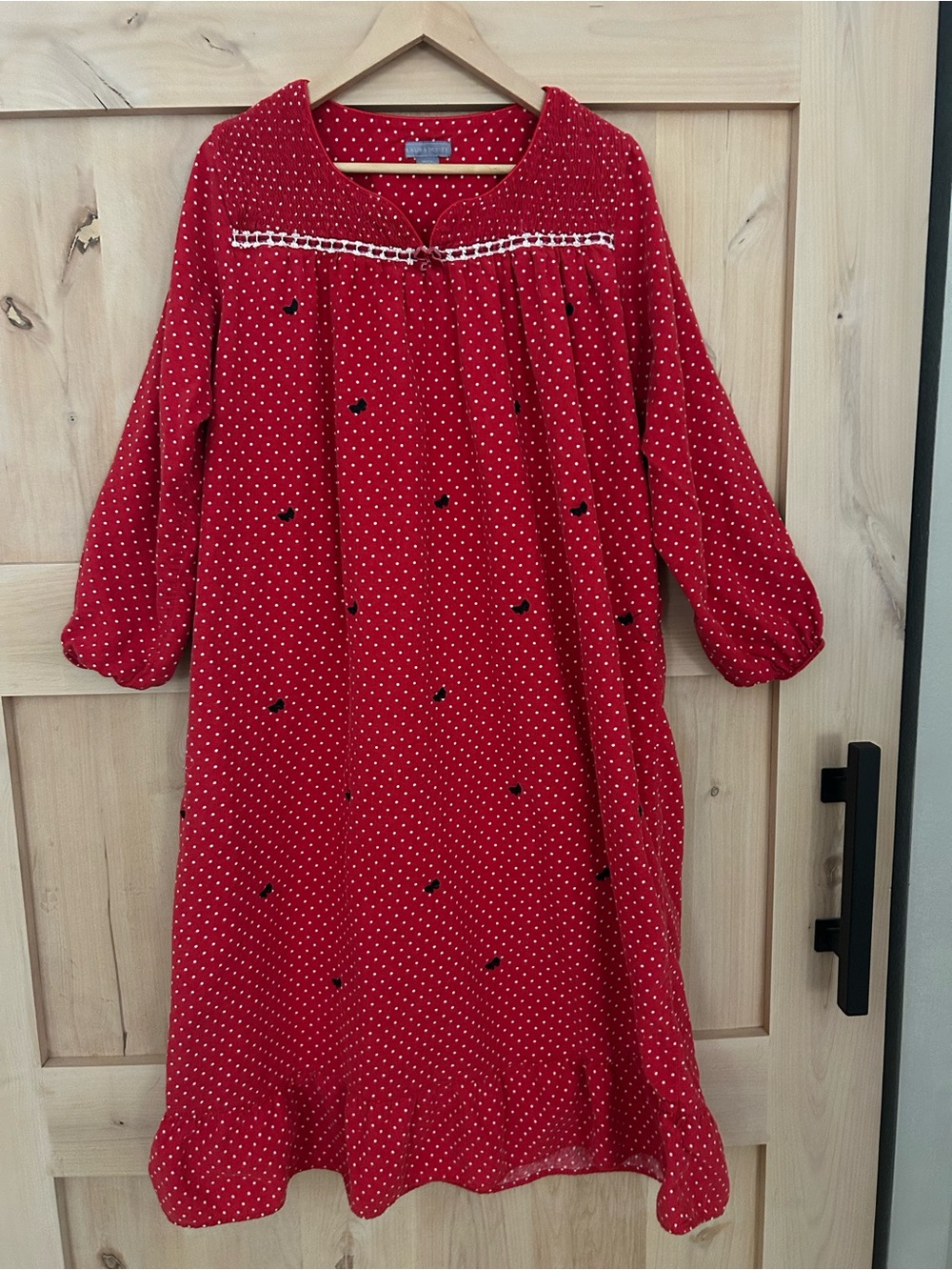 Laura Scott traditional night gown Red polka dot black bow ruffle hems Large